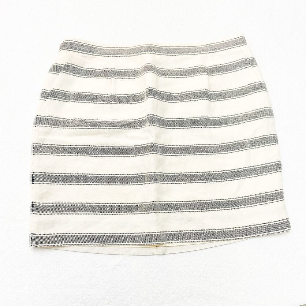 J. Crew Striped Linen Pencil Mini Skirt Pockets Cream Blue Size 10